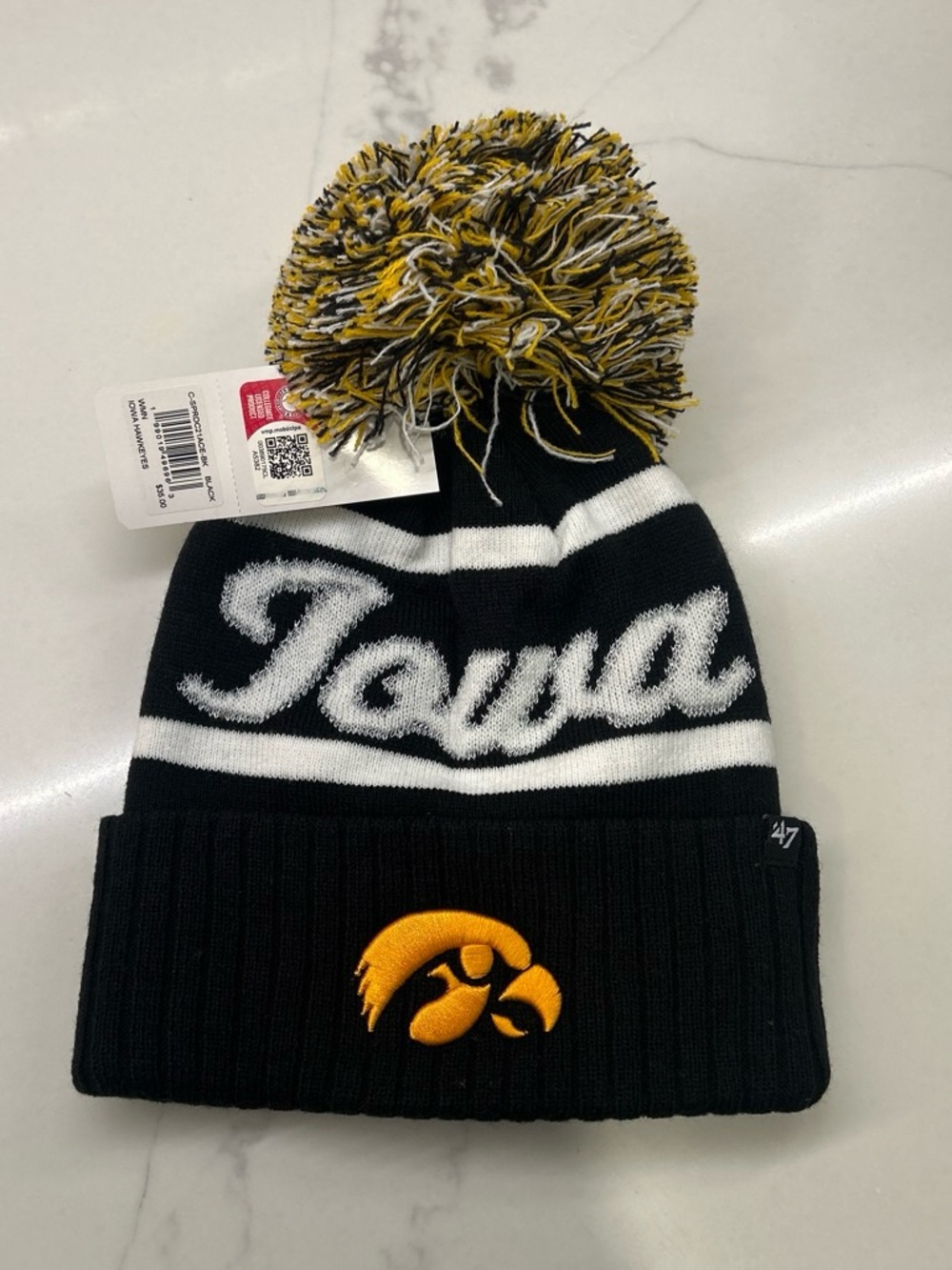 47 Iowa Pom Beanie in Black, White & Yellow